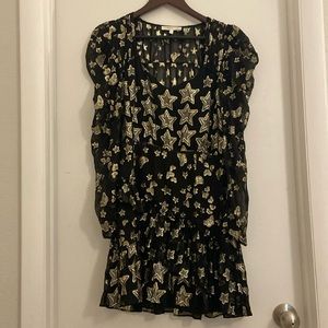 LoveShackFancy Caden in Black Metallic Star Silk Puff-Sleeve Mini Dr…